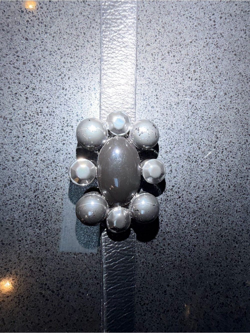 St. John Silver Metallic Beaded Buckle Leather Belt